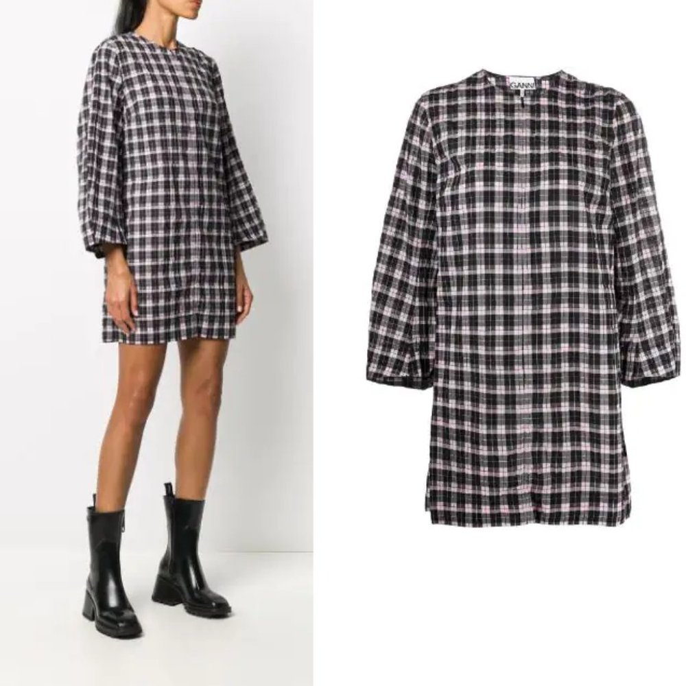 Ganni Seersucker Check Puff Sleeve Mini Dress in Sweet Lilac 32 0